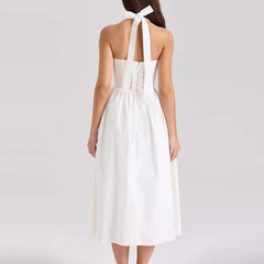 Green Embroidered Halter Midi Dress - A-Line Fit