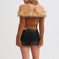 Brown off-shoulder sweater with fur trim worn by a person