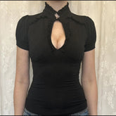 Black Hook High Neck Cut Out Short Sleeve Top