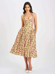 Floral Printed Neck Mounted A-line Midi Dress
