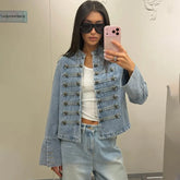 Stand Collar Button Split Short Denim Jacket