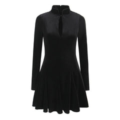 Black Velvet High Neck Cut Out Long Sleeve Mini Dress