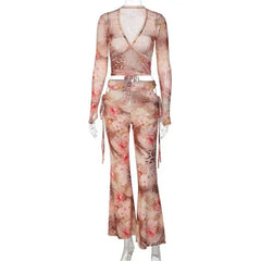 Sheer Printed V Neck Long Sleeve T-shirt And Trouser Matching Set