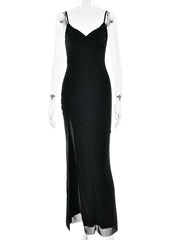 Black Mesh V-neck Strappy High Slit Maxi Dress