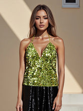 Sequin Green Halter Neck Open Back Tank Top