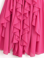Pink Halter Ribbon Ruffles Frill Midi Dress