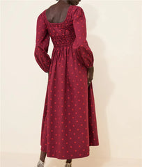 Red Polka Dot Bow Long Puff Sleeve Smocked Midi Dress