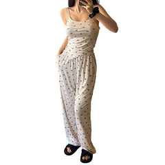 Cherry Print Cami Tops And Elastic High Waist Pants Pjs Set