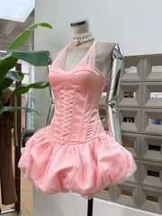 Halter Neck Mesh Patchwork Puff Mini Dress