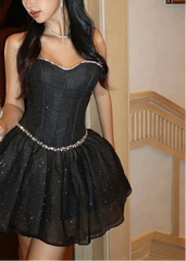 Black Sequin Strapless Tulle Mini Dress