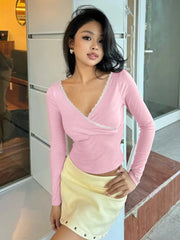 Lace Trim V Neck Long Sleeve Crop Top