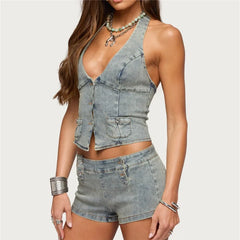 Denim Halter Crop Top and Low Waist Shorts Set