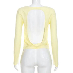 Solid Hollow Out Backless Long Sleeve T-Shirt