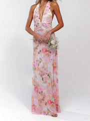 Halter Tie Up Floral Print Maxi Dress
