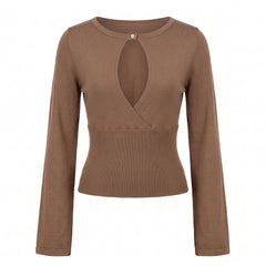 Keyhole Cutout Knit Long Flare Sleeve Wrap Top