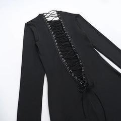 Black Long Sleeve Open Back Lace-up Maxi Dress
