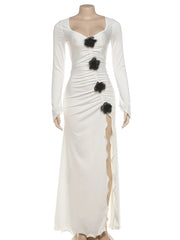 Irregular Side Split Ruched 3d Flower Full Sleeve Dress