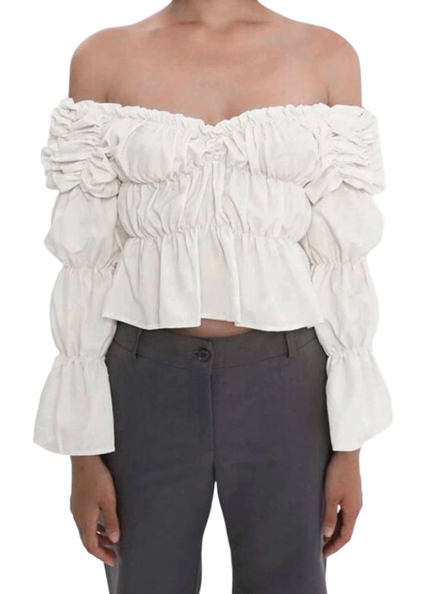 White off-shoulder ruffled top worn by a person