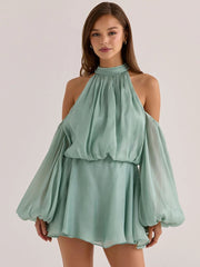 Cyan High Neck Cut Out Puff Long Sleeve Mini Dress
