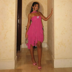 Frill Halter Around Neck Strapless Mini Dress