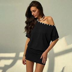 Button Applique Diagonal Collar Short Sleeve T-shirt Dress