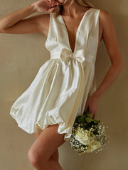 White Bow Mini Babydoll Dress