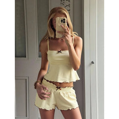 Yellow Ruffle Trim Cami Top And Shorts Set