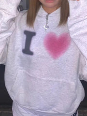 Grey Heart-Shaped Letter Print Hoodie