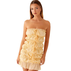 Yellow Ruched Tie Up Mini Tube Dress