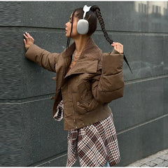 Solid Cropped Collar Button Puff Jacket