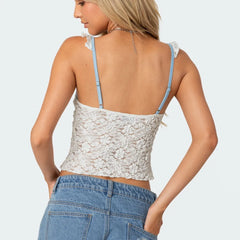 Lace See Through Cropped Ruffled Sweetheart Neck Top