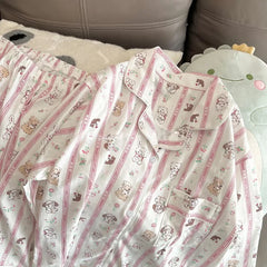 Pink Cartoon Cat Striped Long Sleeve Shirts And Pants Pajama Set