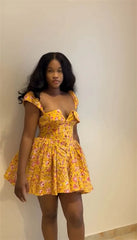 Floral Printed A-Line Low Cut Mini Dress