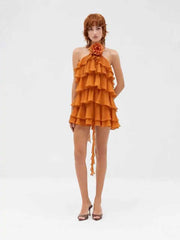 Ruffle Halter Flower Decoration Layered Mini Dress