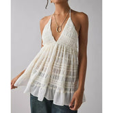 Lace-up Halter Deep V-Neck Smocked Top