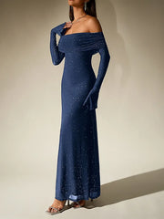 Off-Shoulder Flared Long Sleeve Sequined Maxi Dress