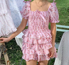 Pink Floral Print Smocked Layered Mini Dress