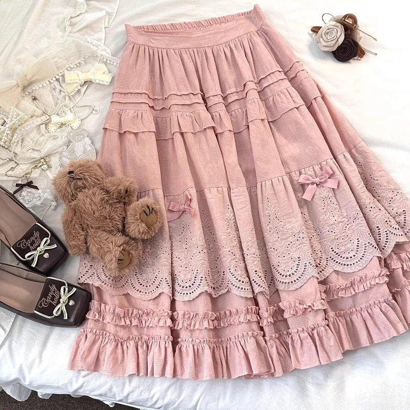 Women's embroidery lace floral bow ruffles long skirt with A-line silhouette.