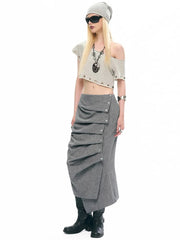 Ruched Bottom Button Zip Mid-Calf Skirts