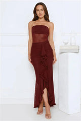 Strapless Ruffle Slit Maxi Dress