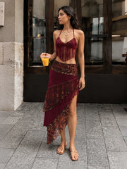 Burgendy Tassel Patchwork Halter Tank Top And Irregular Hem Midi Skirt Set