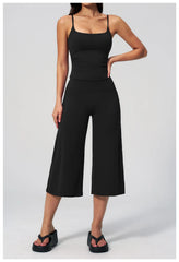 Solid Cami Removable Pads Top And Wide Leg Cropped Pants Set