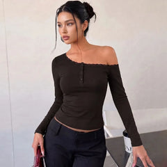 Diagonal Collar Long Sleeve Lace Patchwork Tee