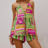 Printed Front Tie V-neck Top And Shorts Set
