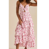 Pink Floral Spaghetti Strap Ruffles Tiered Maxi Dress