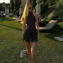 Black Polka Dot Chiffon Print High Neck Mini Dress