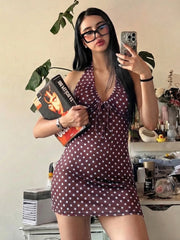 Brown Polka Dot Ruched Neck Mini Dress