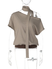 Brown Striped One Shoulder Scarf Sleeve Top