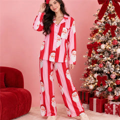 Santa Claus Print Striped Long Sleeve Button Down Shirt And Wide Leg Pants Sleepwear Set