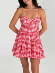 Red Plaid Spaghetti Strap Mini Dress